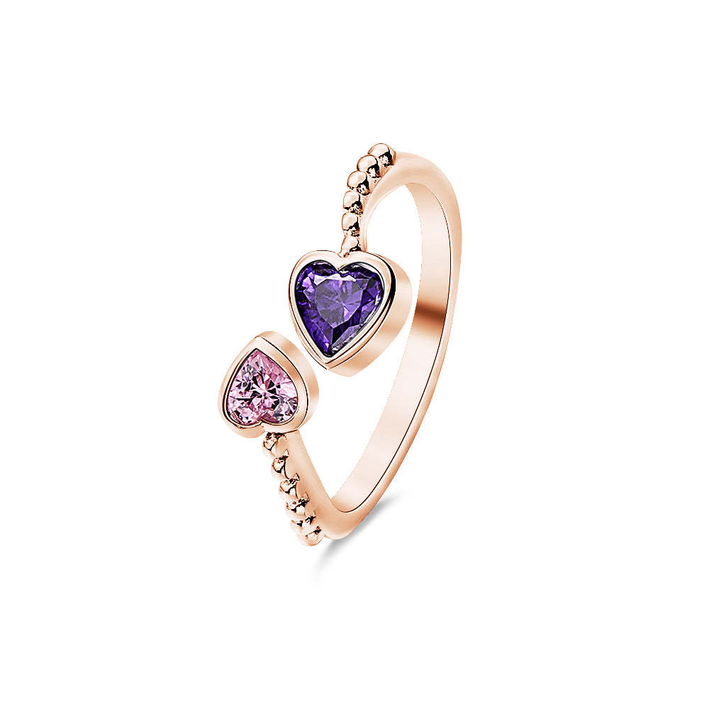 Personalized Birthstones Ring Adjustable Open Double Heart Ring Gift for Her - soufeeluk