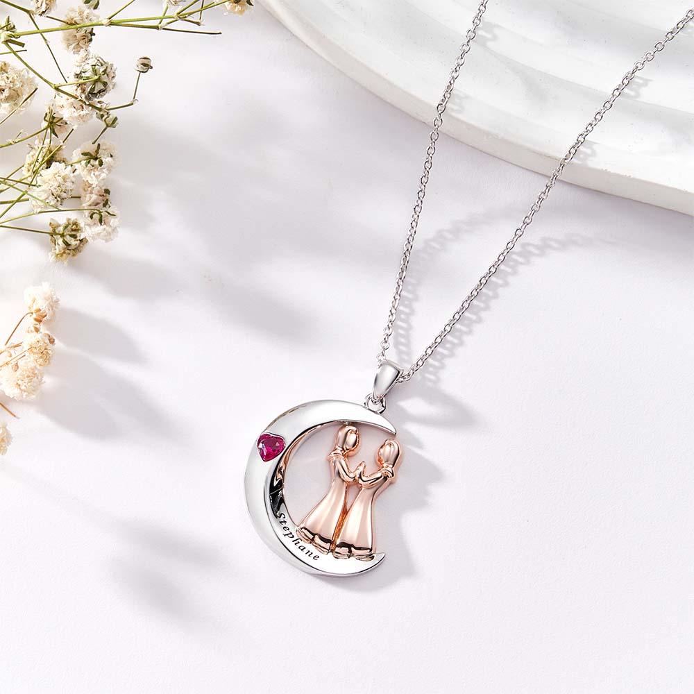 Personalised Heart Birthstone Necklace Engraved Moon Sweet Girls Jewellery For Friends - soufeeluk