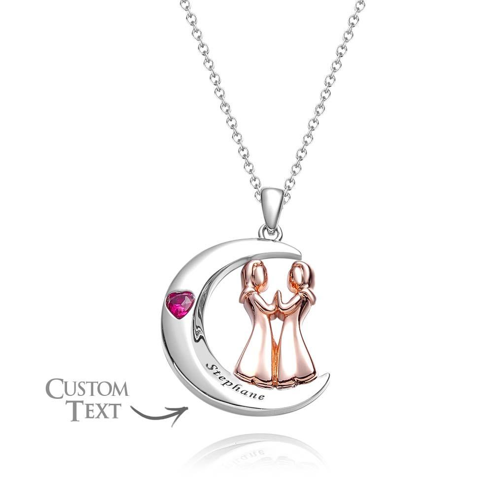 Personalised Heart Birthstone Necklace Engraved Moon Sweet Girls Jewellery For Friends - soufeeluk