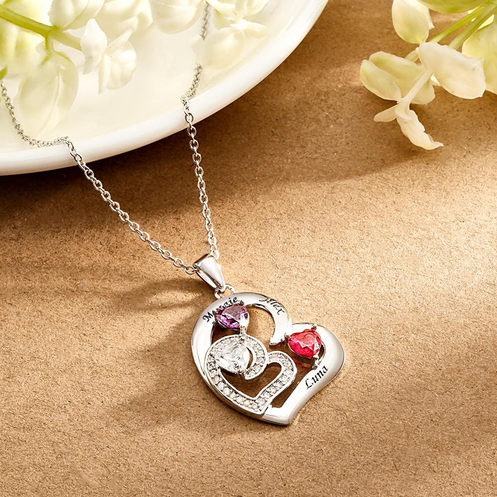 Personalised Heart Birthstone Necklace Charming Engraved Pendant Jewellery Gift For Her - soufeeluk