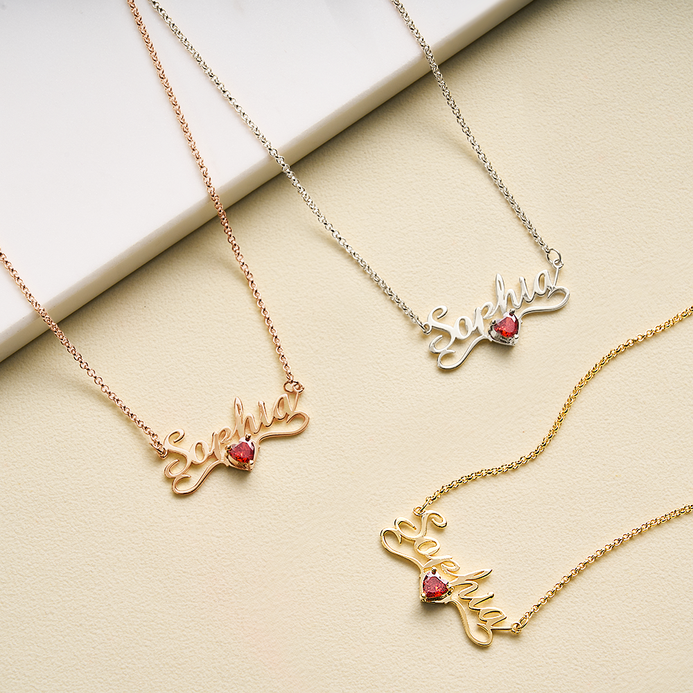 Personalised Name Necklace with Heart Birthstone Birthday Anniversary Gift for Her - soufeeluk