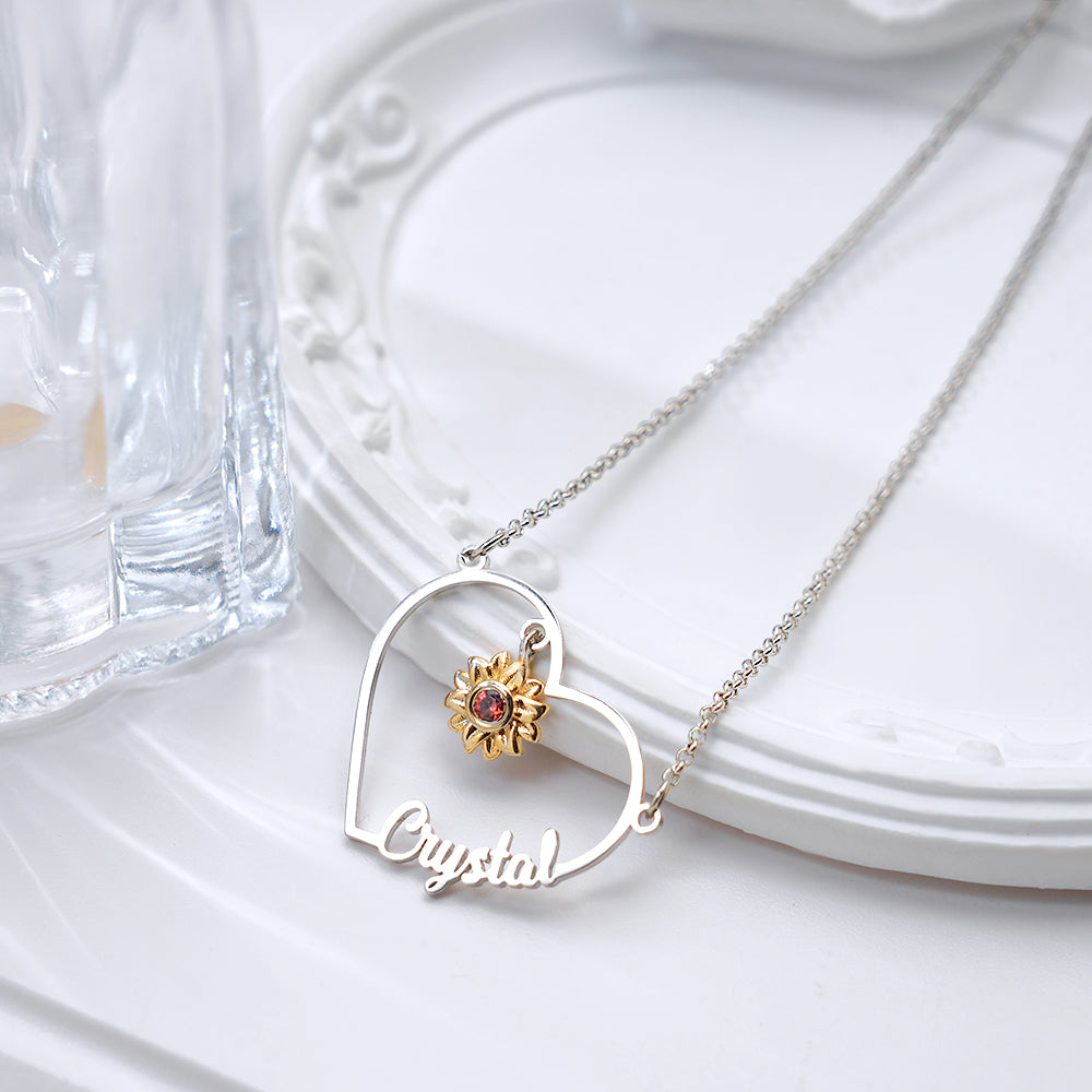 Personalized Heart-Shaped Sunflower Name Necklace with Birthstone Birthday Anniversary Gift for Her - soufeeluk