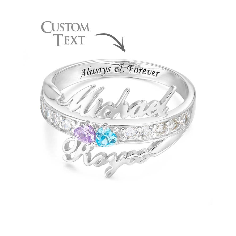 Custom Name and Text Double Heart Birthstone Promise Ring Anniversary Gift - soufeeluk