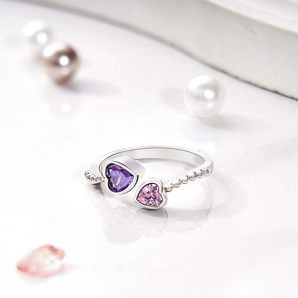 Personalized Birthstones Ring Adjustable Open Double Heart Ring Gift for Her - soufeeluk