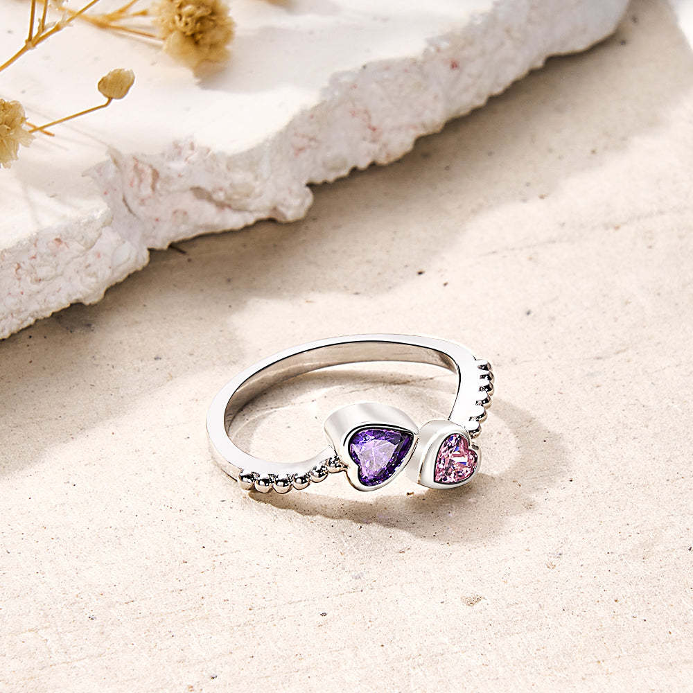 Personalized Birthstones Ring Adjustable Open Double Heart Ring Gift for Her - soufeeluk