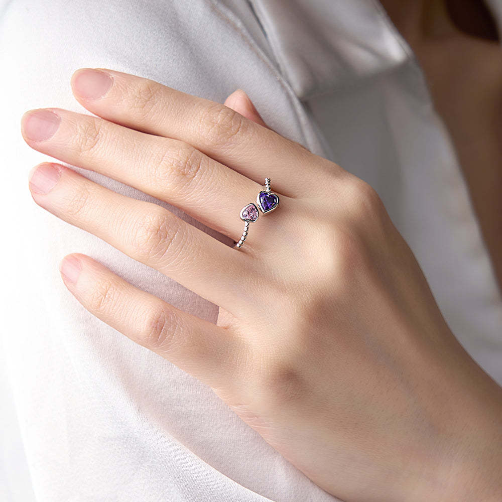 Personalized Birthstones Ring Adjustable Open Double Heart Ring Gift for Her - soufeeluk