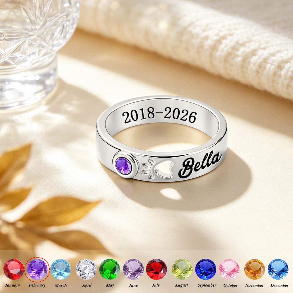 Personalized Pet Memorial Ring with Birthstone – Custom Engraved Remembrance Jewelry - soufeeluk