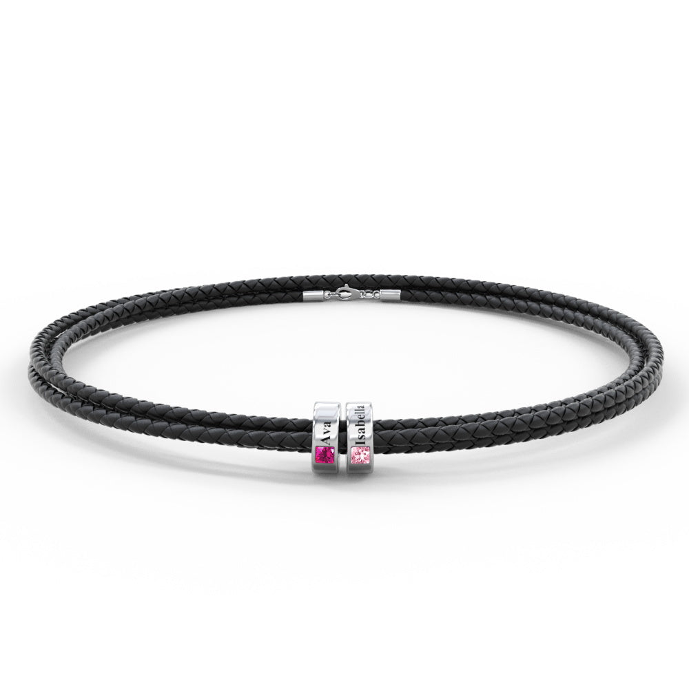 Custom Engraved Name Leather Bracelet With Birthstone Beads for Him - soufeeluk