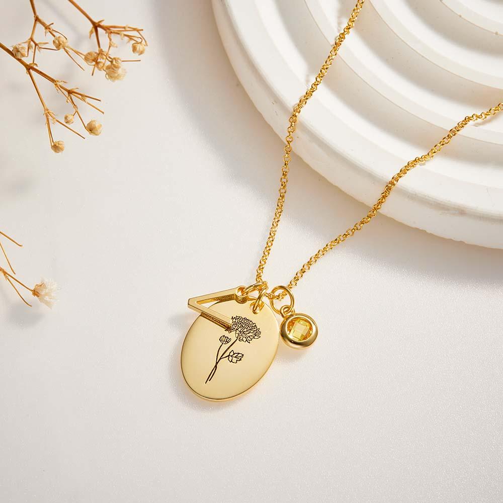 Personalised Text Birthstone Necklace Birth Flower Necklace Gift for Mom - soufeeluk