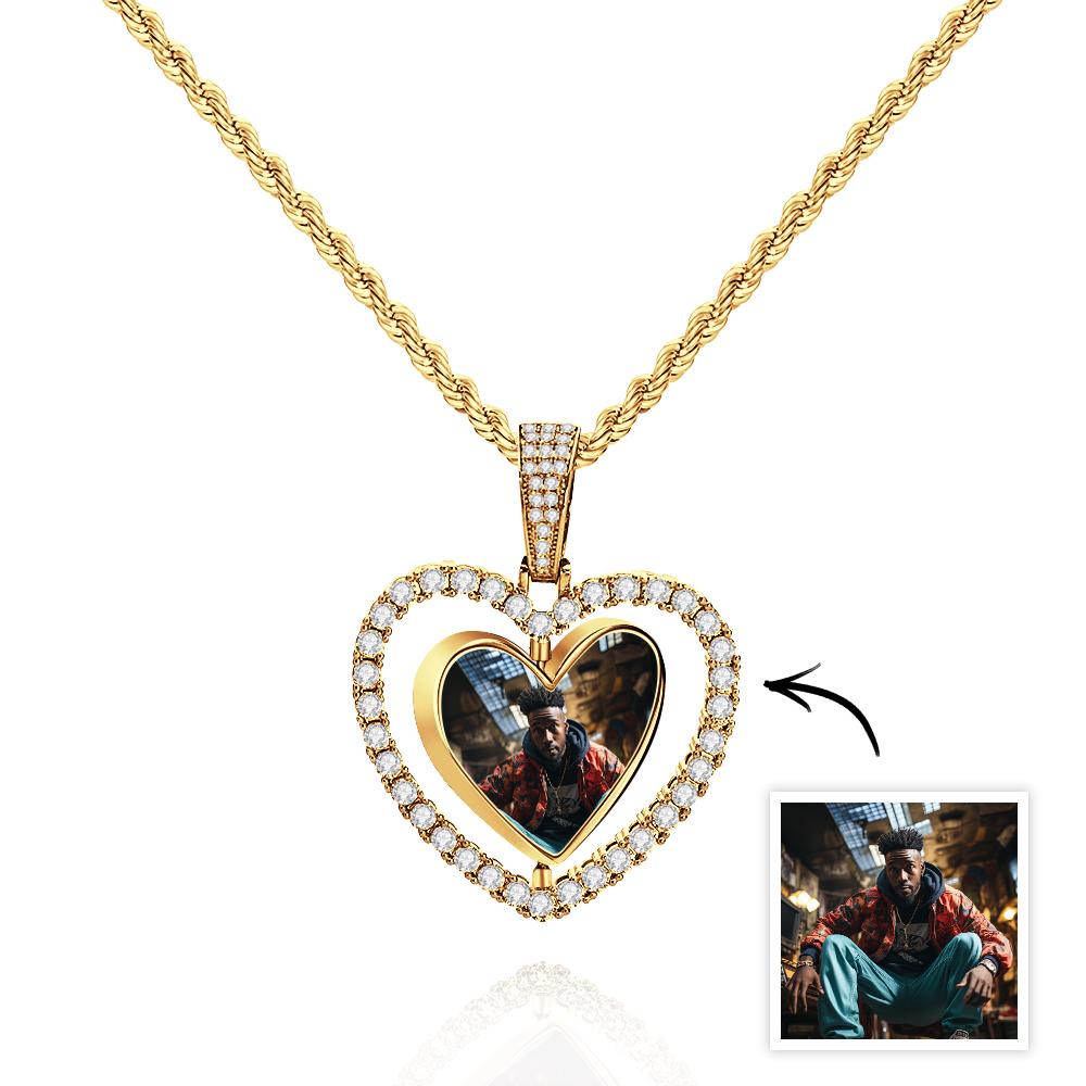 Hip Hop Photo Necklace Rotatable Heart Hollow-out Zircon Pendant Jewellery Gifts For Men - soufeeluk