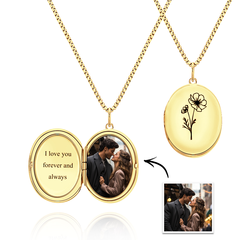 Custom Photo Locket Necklace with Engravable Birth Flower Birthday Gift for Women - soufeeluk