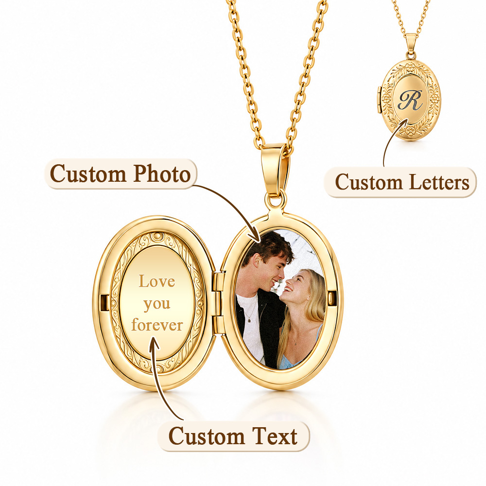 Personalized Initial Photo Locket Necklace Custom Engraved Letter Oval Picture Locket Vintage Keepsake Memorial Jewelry Gift for Women