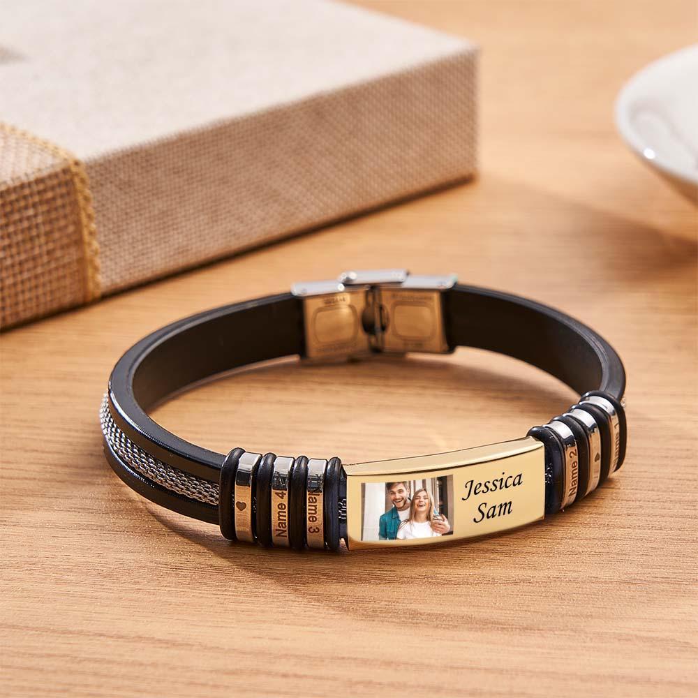 Personalised Color Photo Memory Bracelets Custom Engraved 4 Names Men's Bracelet Wristband Birthday Friendship Gift - soufeeluk