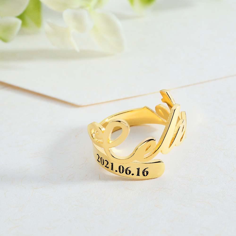 Minimalist Spiral Engraved Name Adjustable Open Ring Personalised Text Commemorative Ring - soufeeluk