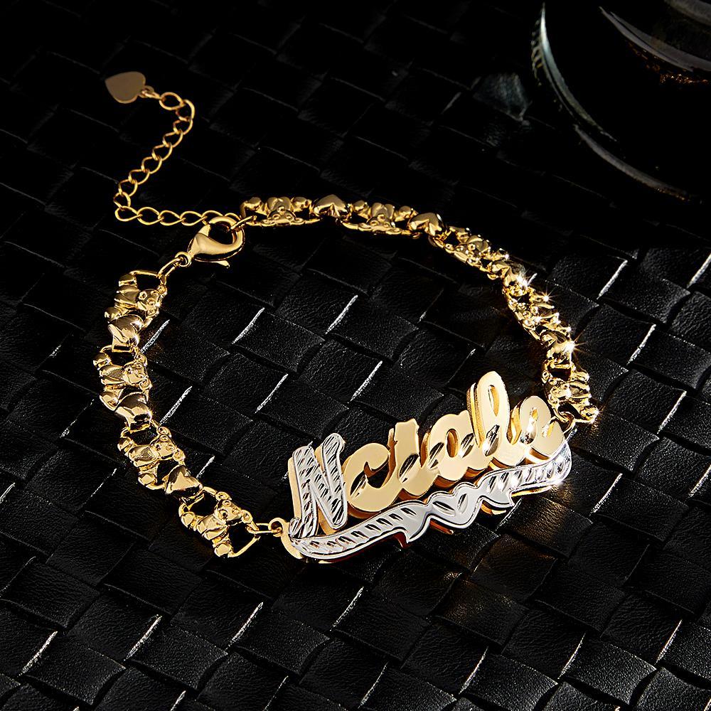 Personalised Hip Hop Name Bracelet Nameplate Love Heart Decor Fashion Bracelet Jewellery Gifts For Men - soufeeluk