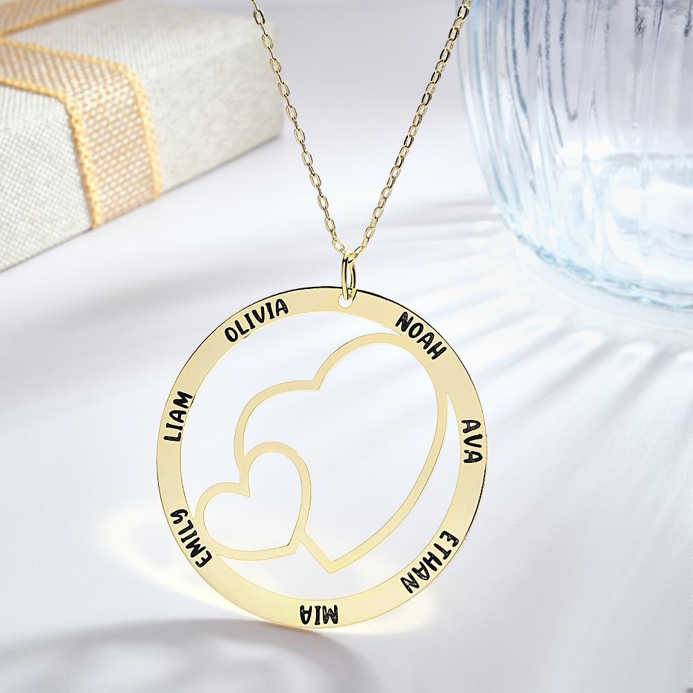 Engraved Name Necklace With Double Hearts Circle Elegant Pendant Jewellery Gifts For Her - soufeeluk