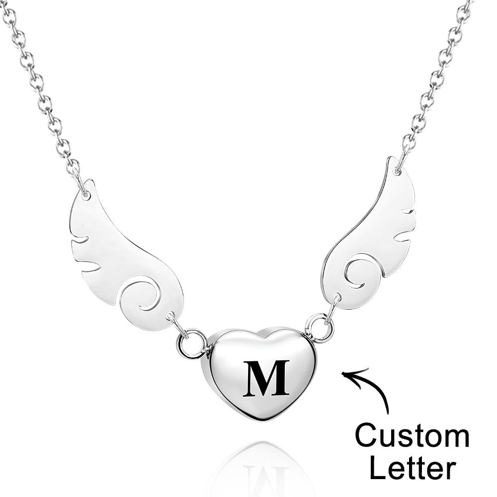 Custom Engraved Angel Wings Necklace With Letter Heart Charm Jewellery Gifts For Her - soufeeluk