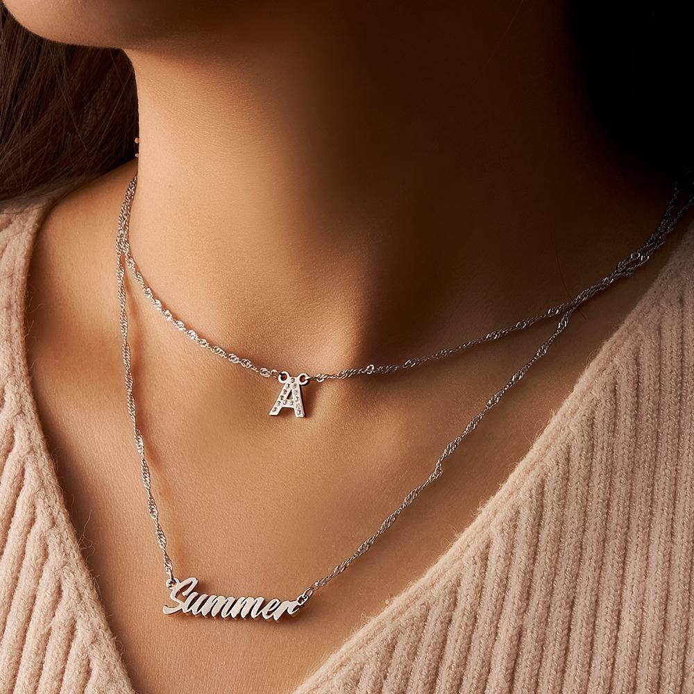 Double Chain Name Necklace Layered Necklace Custom Gold Initial Necklace, Personalized Letter Name Necklace Gift for Her - soufeeluk