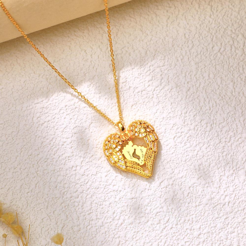 Engravable Angels Heart Necklace Lovely Feet Design Pendant Mother's Day Gifts - soufeeluk