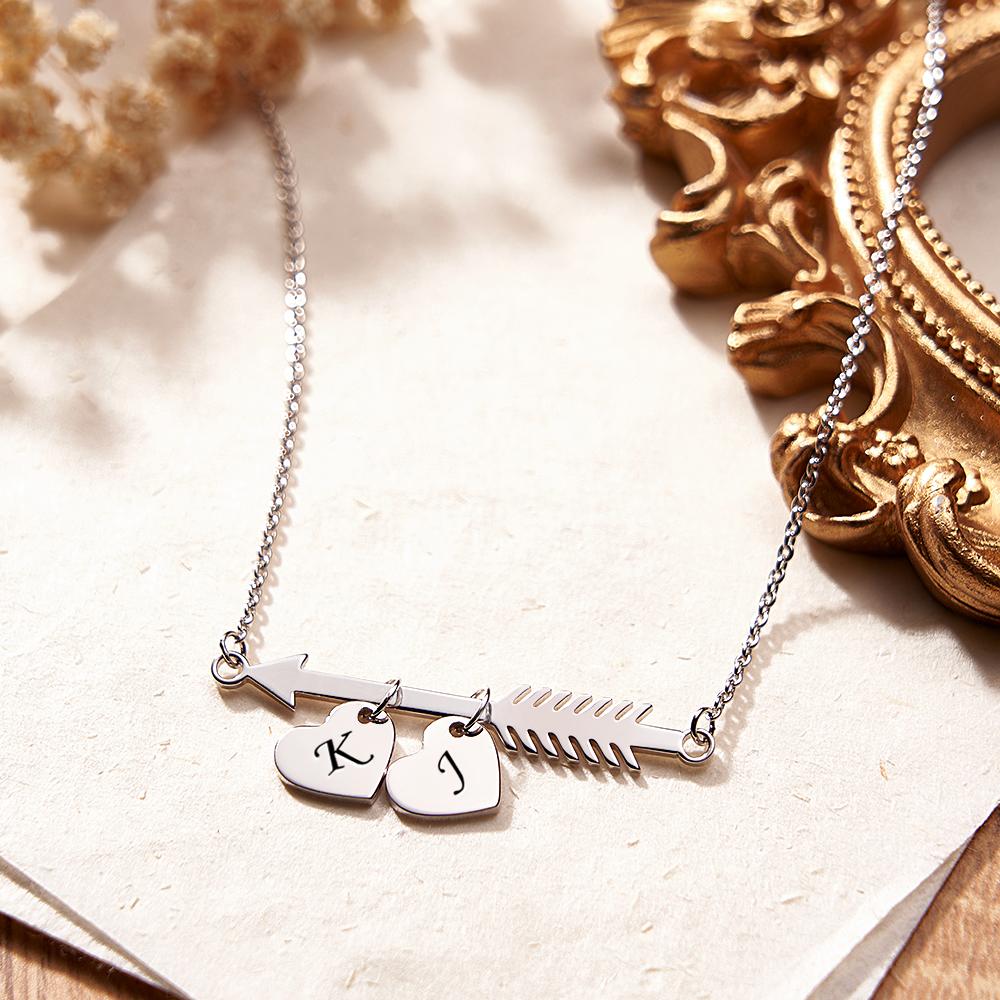 Custom Fish Bones Initial Necklace Heart Shape Pendant Engraved Text Gift for Her - soufeeluk