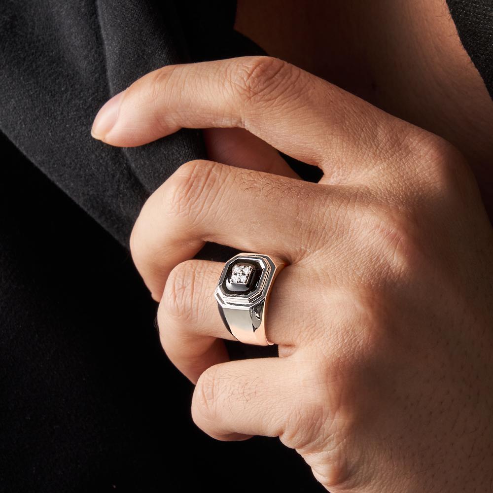 Engraved Ice Ring Black Decor Bright Stone Jewellery Ring For Men - soufeeluk