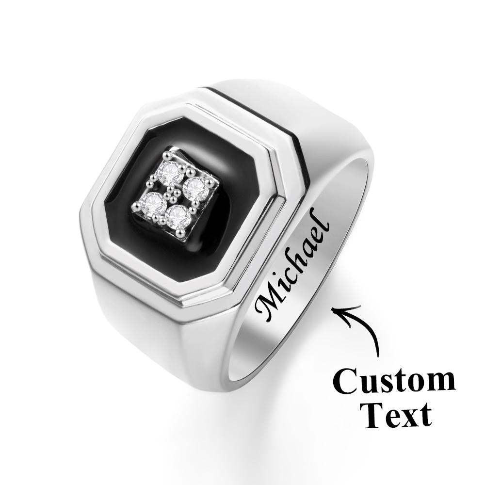 Engraved Ice Ring Black Decor Bright Stone Jewellery Ring For Men - soufeeluk