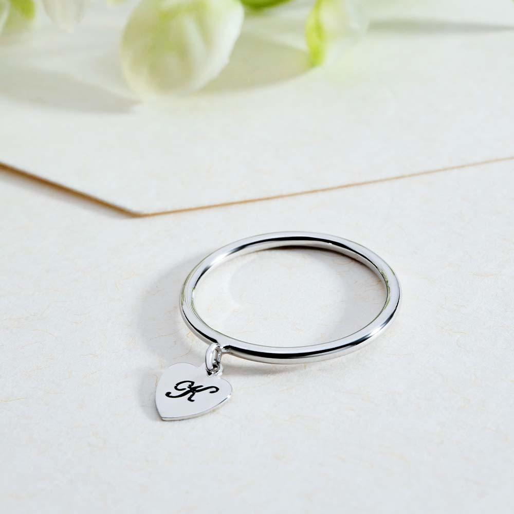 Dangle Initial Heart Ring Dainty Name Ring Gift for Her Personalised Jewellery Christmas Gift - soufeeluk