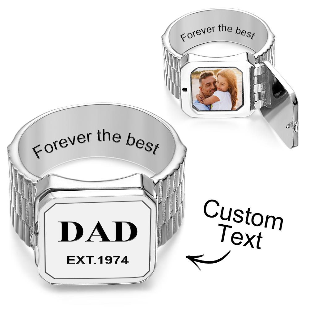 Photo Locket Ring for Dad That Holds Pictures inside Personalised Memorial Photo Locket Band Rings Gift for Dad Father Men Grandfather - soufeeluk