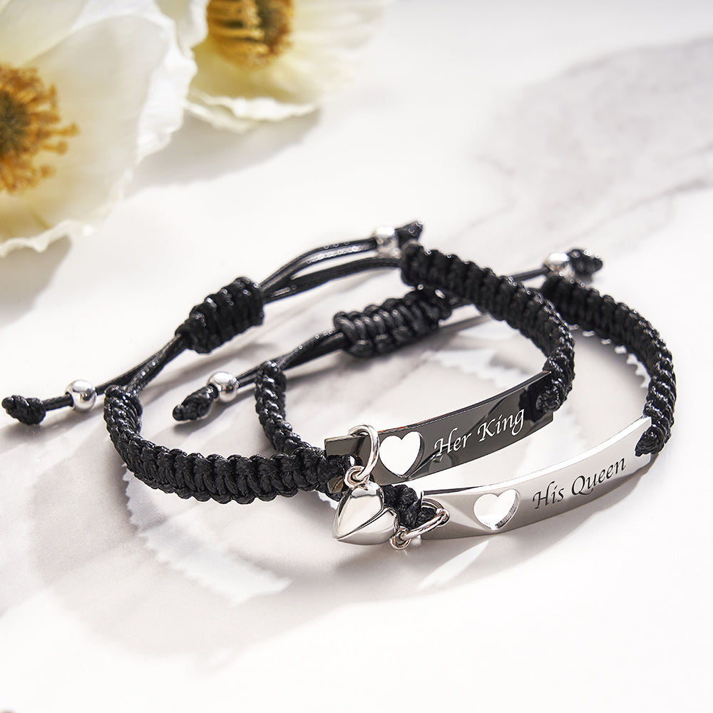 Personalised Stainless Steel Braided Rope Adjustable Hollow Heart Couples Matching Bracelets - soufeeluk