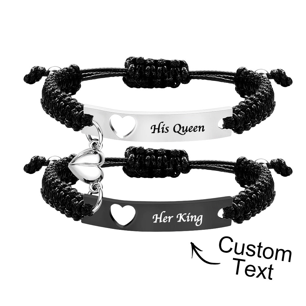 Personalised Stainless Steel Braided Rope Adjustable Hollow Heart Couples Matching Bracelets - soufeeluk
