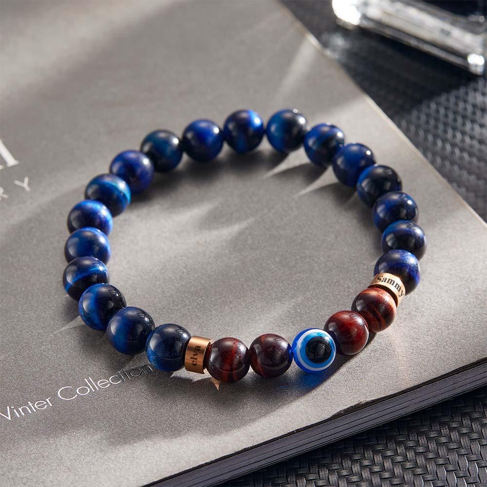 Custom Engraved Amulet Bracelet Evil Eye Blue and Red Tiger Eye Beaded Bracelet for Men - soufeeluk