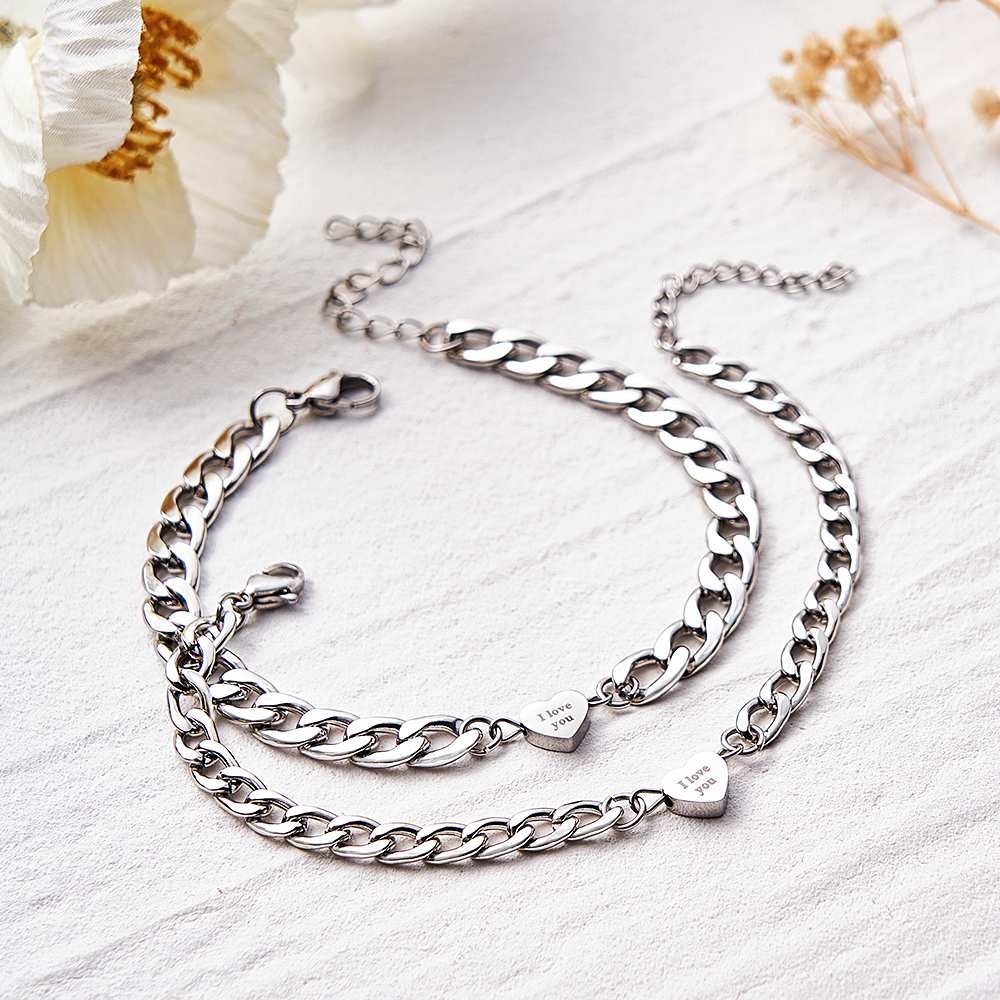 Engravable Bracelet Set Personalised Fashionable Chain Heart Pendant Bracelet Gift For Couples - soufeeluk