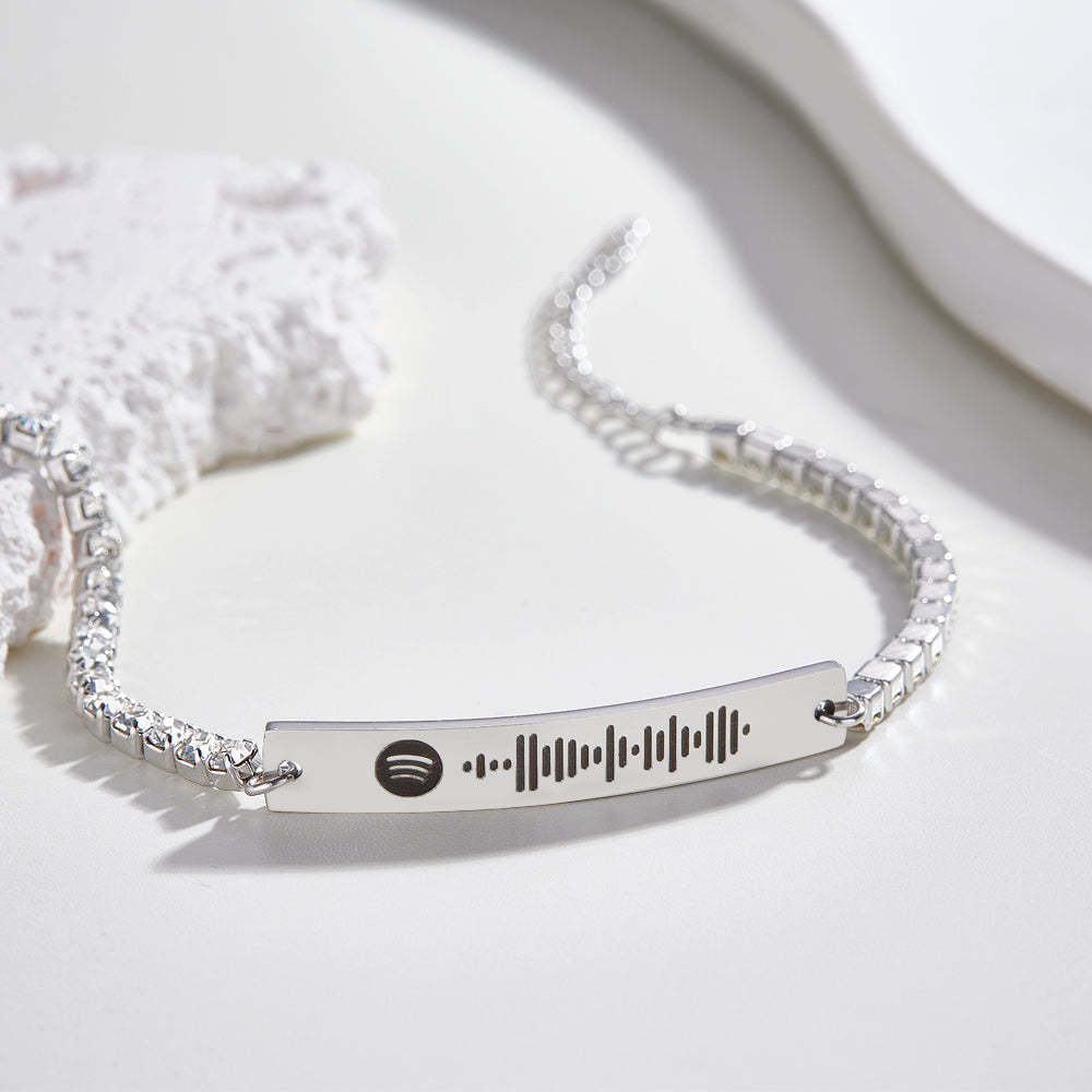 Custom Scannable Spotify Code Tennis Bracelet Unique Engraved Bar All Diamonds Bracelet Gift For Her - soufeeluk