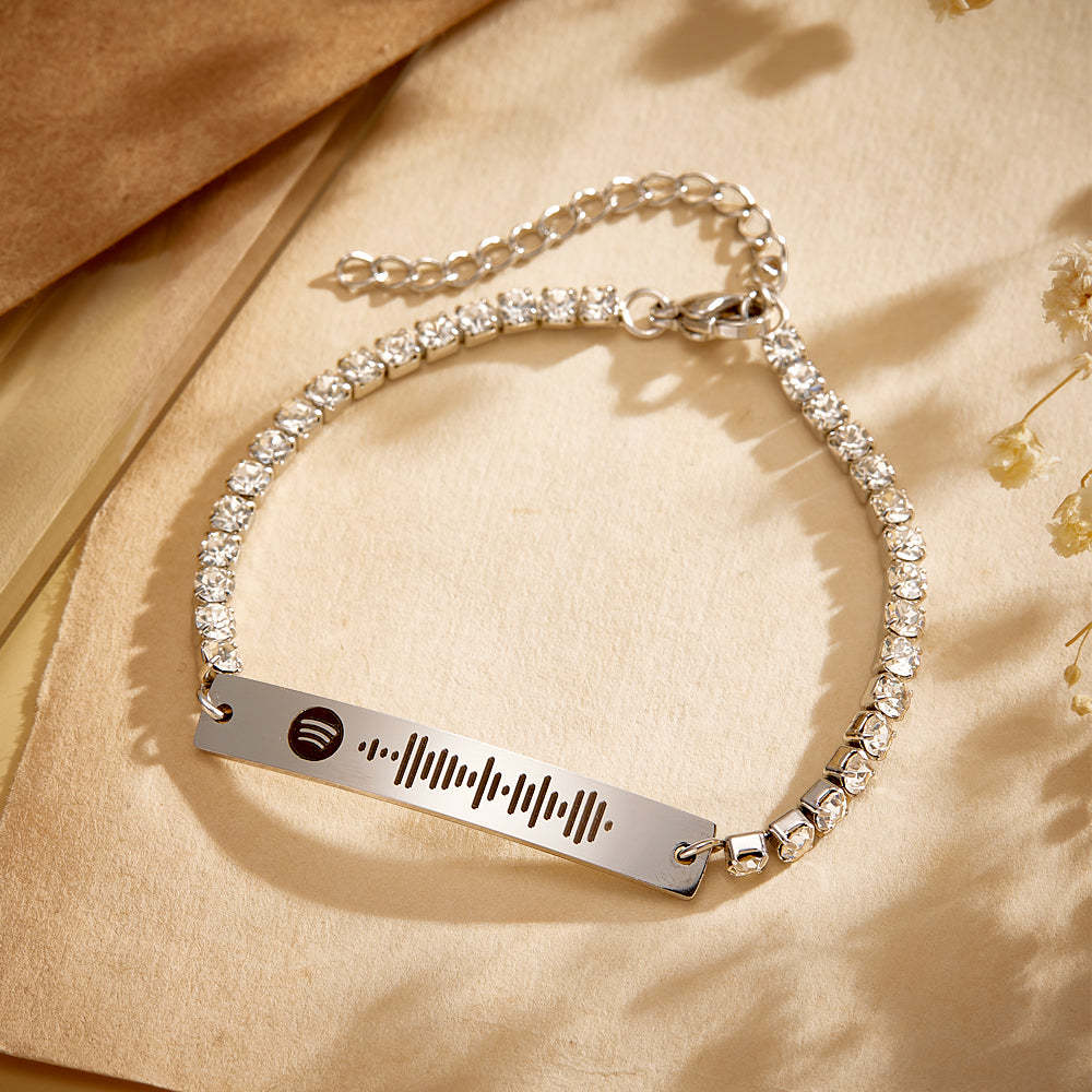 Custom Scannable Spotify Code Tennis Bracelet Unique Engraved Bar All Diamonds Bracelet Gift For Her - soufeeluk