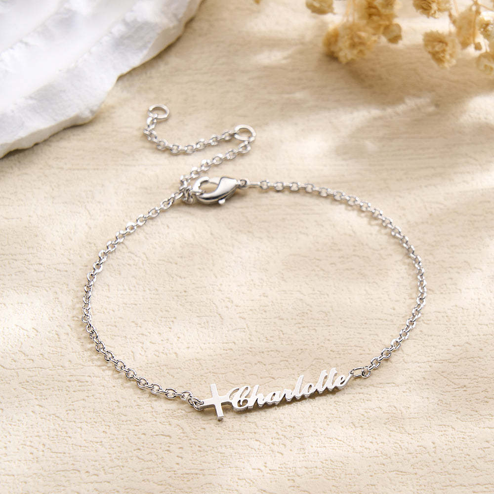 Custom Cross Name Bracelet Baptism Gift Personalised Cross Bracelet with Name - soufeeluk