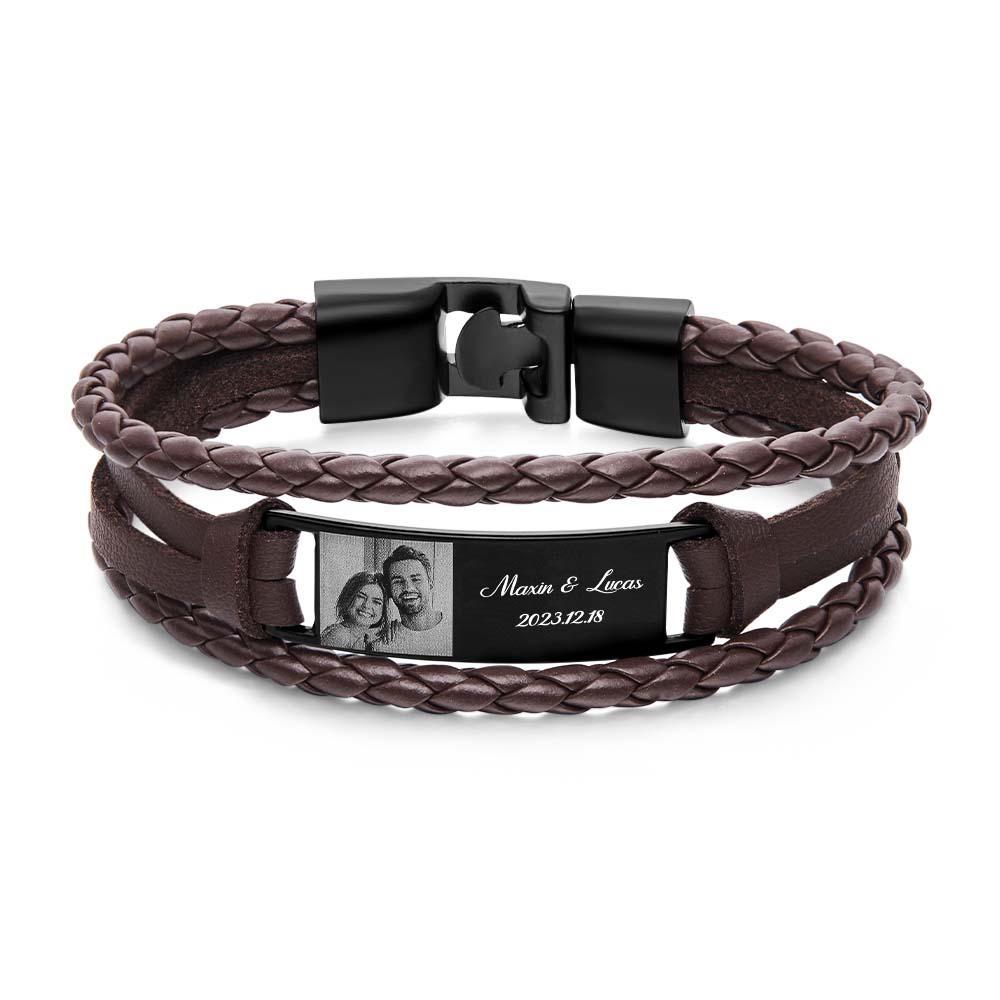 Custom Men's Bracelets Photo Leather Engraved Name and Date Men's Bracelet Best Valentine's Day Gifts for Him - soufeeluk