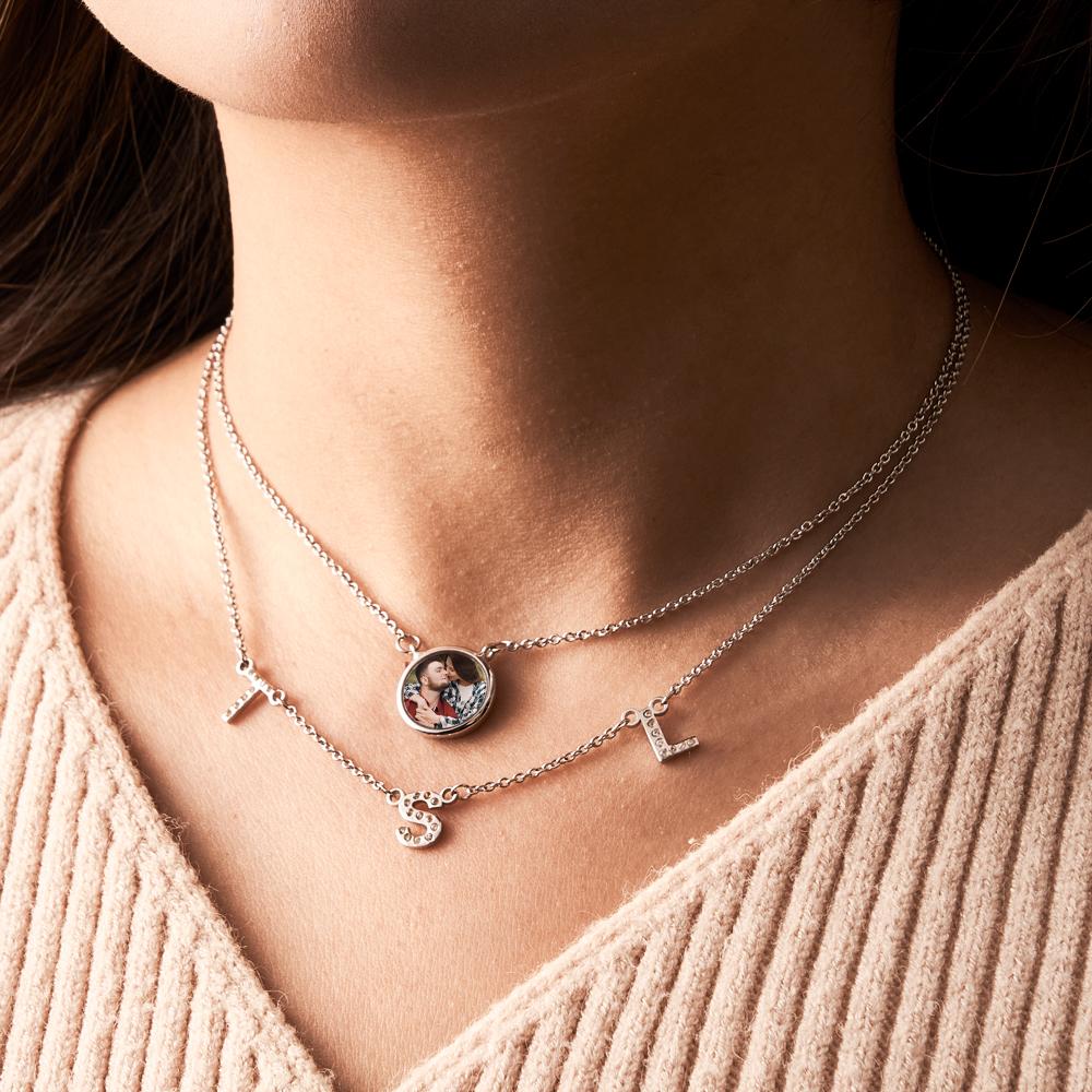 Double Chain Set Personalized Photo Necklace with Your Initial Gift for Her - soufeeluk