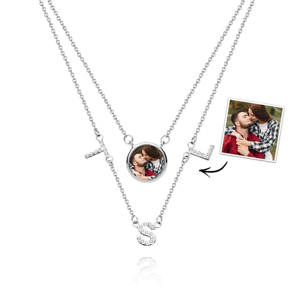 Double Chain Set Personalized Photo Necklace with Your Initial Gift for Her
