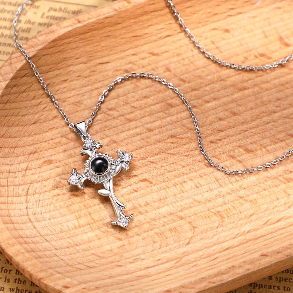 Custom Photo Projection Necklace Sunflower Cross Creative Gift - soufeeluk