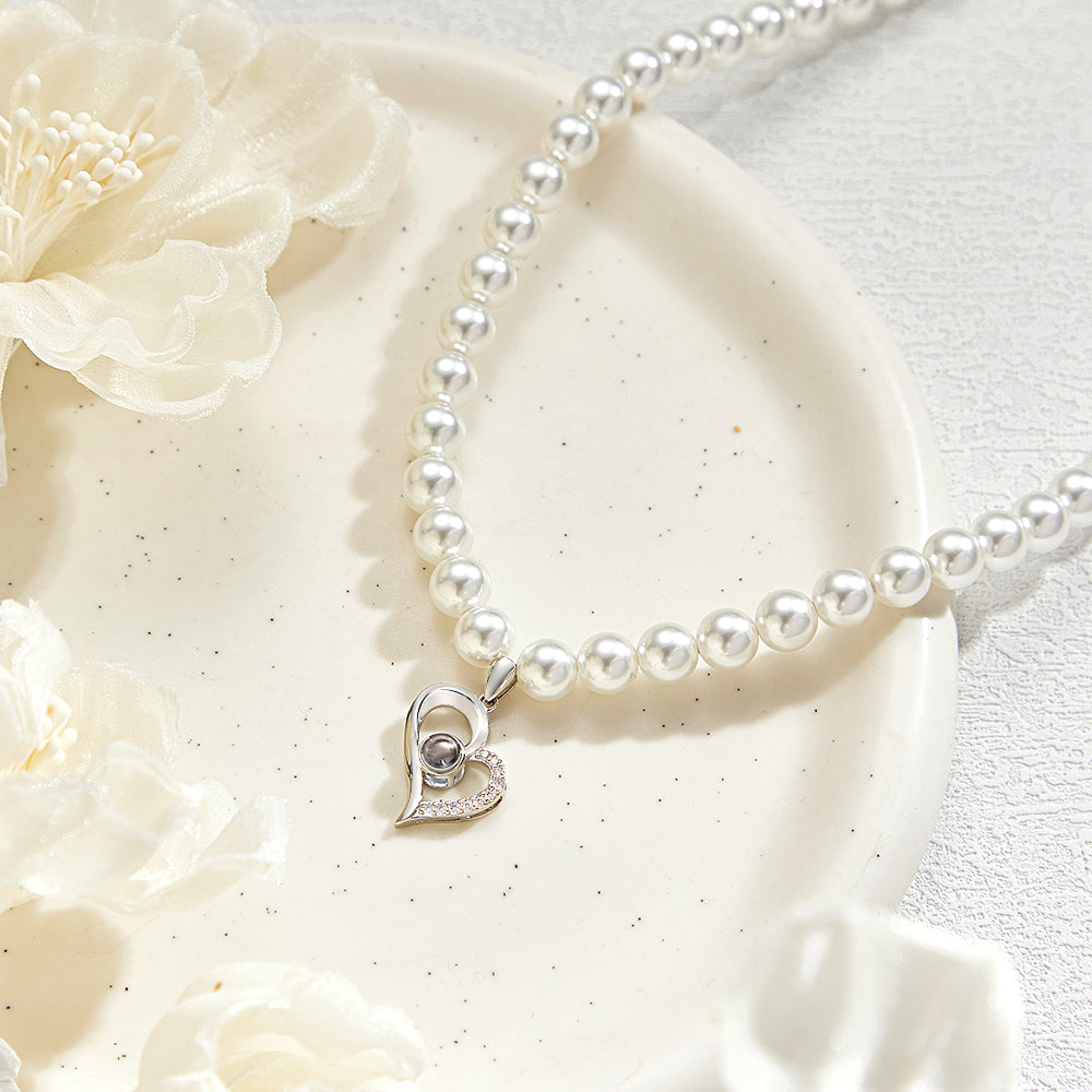 Custom Projection Necklace Diamond Heart Pearl Gift for Her - soufeeluk