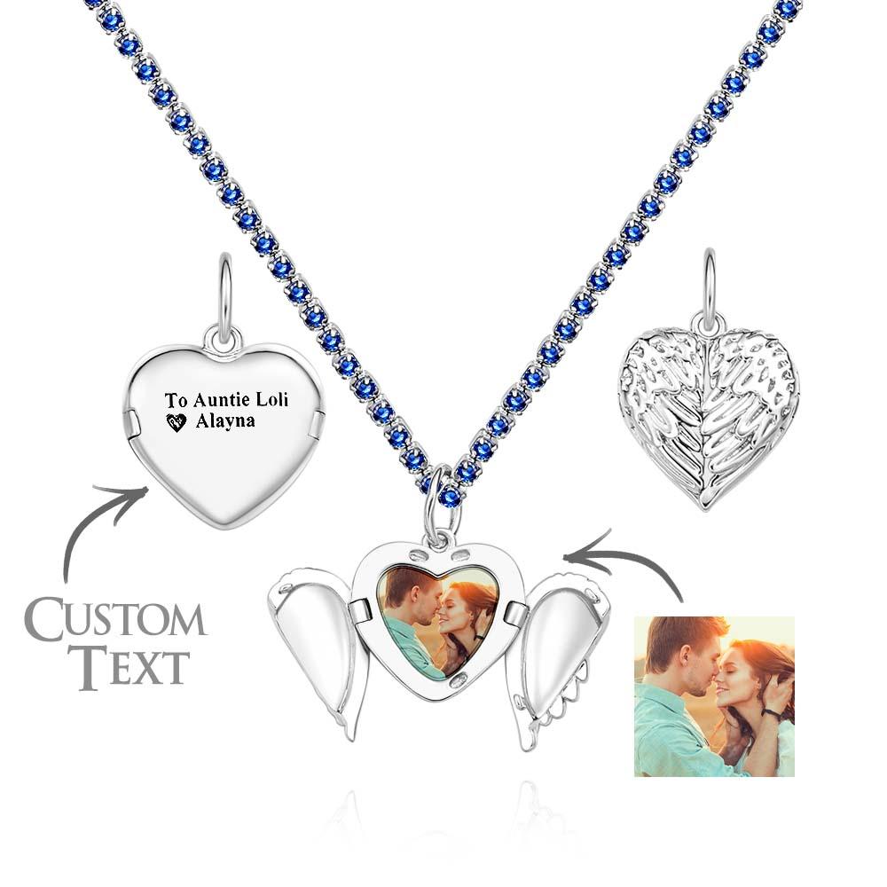 Engravable Photo Locket Necklace Tennis Chain Personalised Heart Angel Wings Gift For Her - soufeeluk