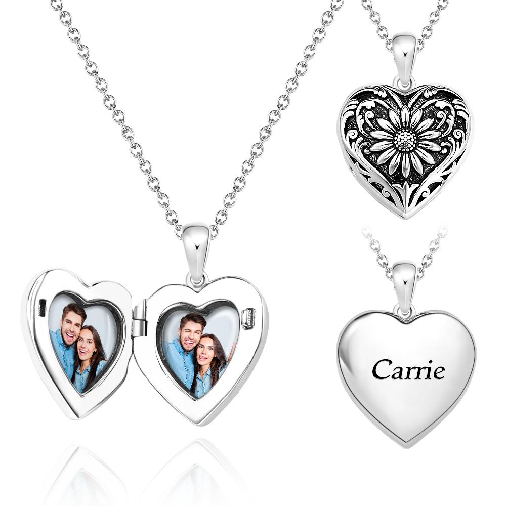 Personalised Photo Heart-Shaped Locket Necklace Retro Flower Pendant Jewellery For Her - soufeeluk