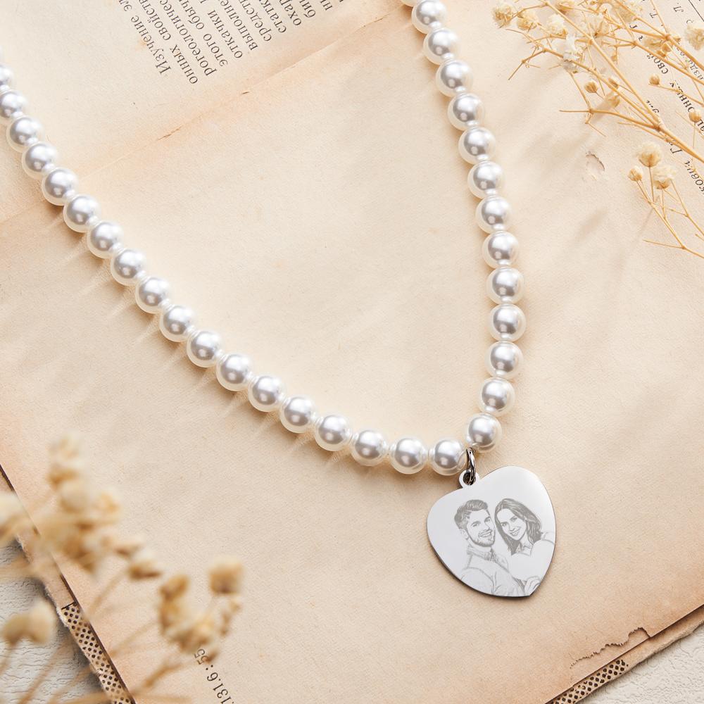 Custom Photo Engraved Necklace Pearl Chain Heart Gift - soufeeluk