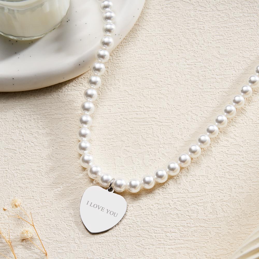 Custom Photo Engraved Necklace Pearl Chain Heart Gift - soufeeluk