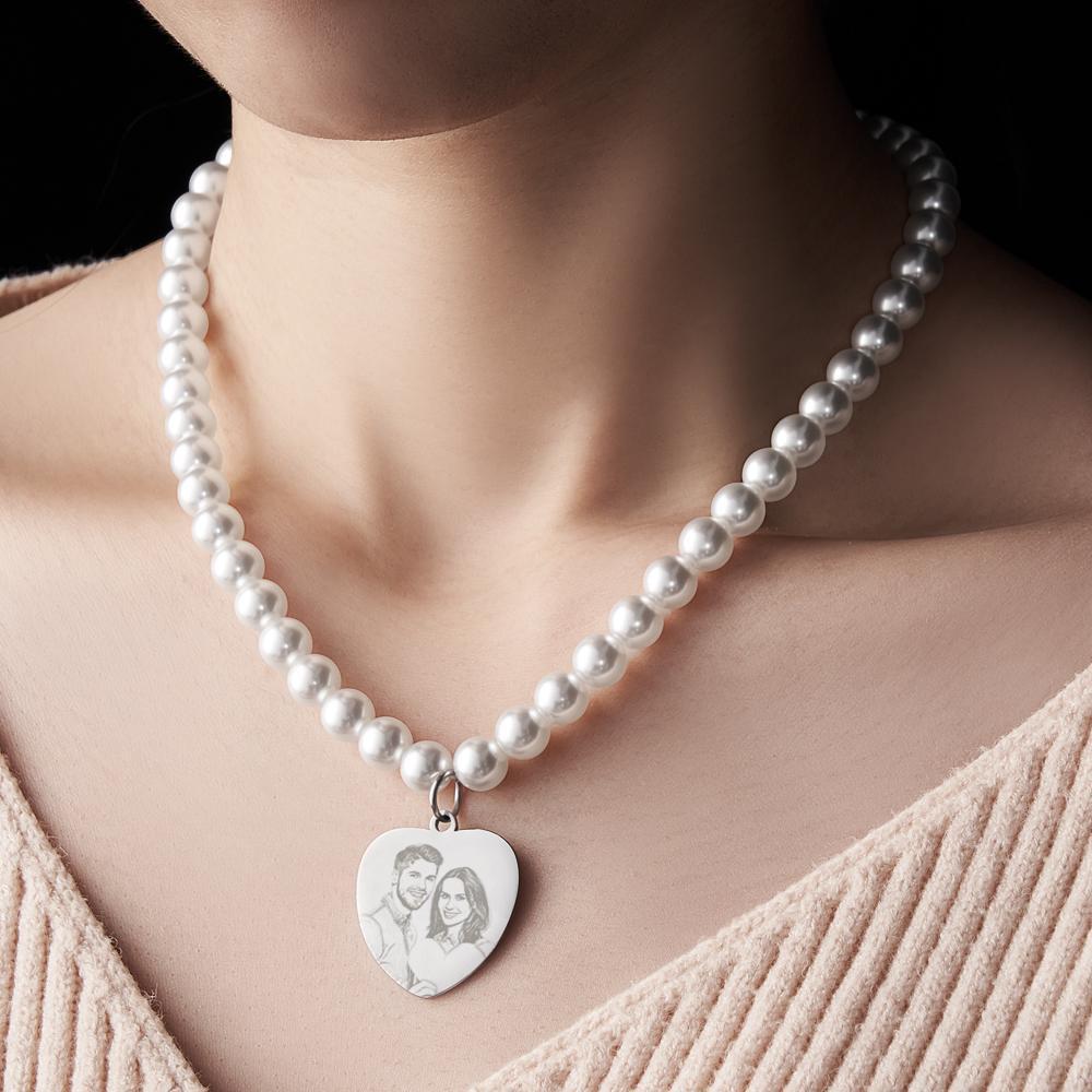 Custom Photo Engraved Necklace Pearl Chain Heart Gift - soufeeluk