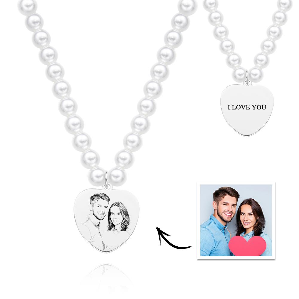 Custom Photo Engraved Necklace Pearl Chain Heart Gift - soufeeluk