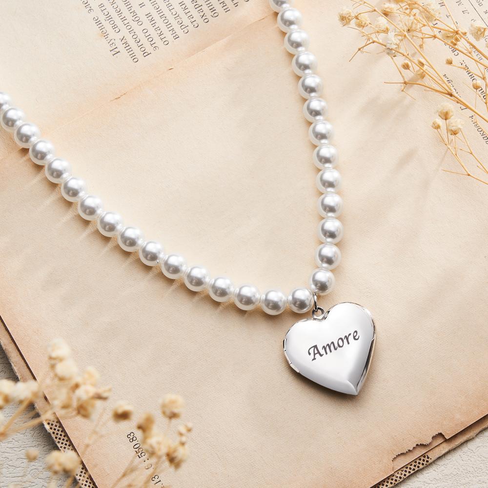 Custom Photo Engraved Necklace Pearl Heart Couple Gift - soufeeluk
