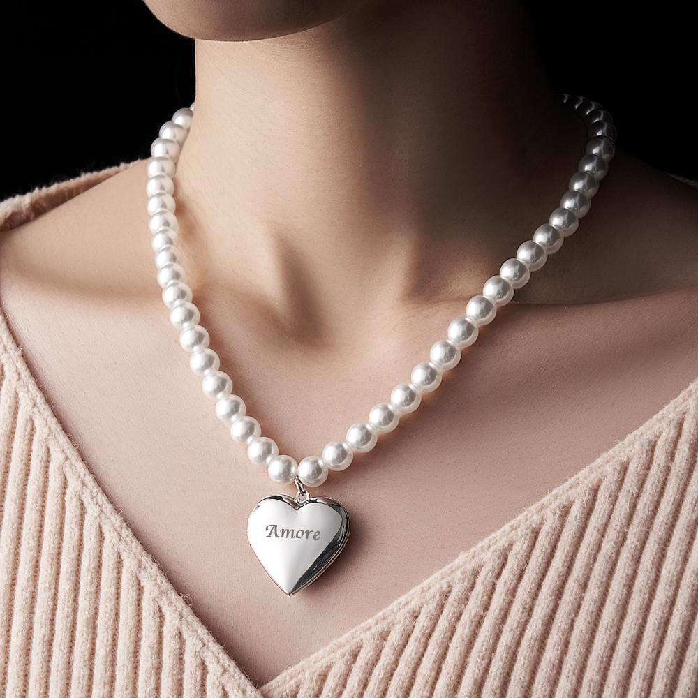 Custom Photo Engraved Necklace Pearl Heart Couple Gift - soufeeluk