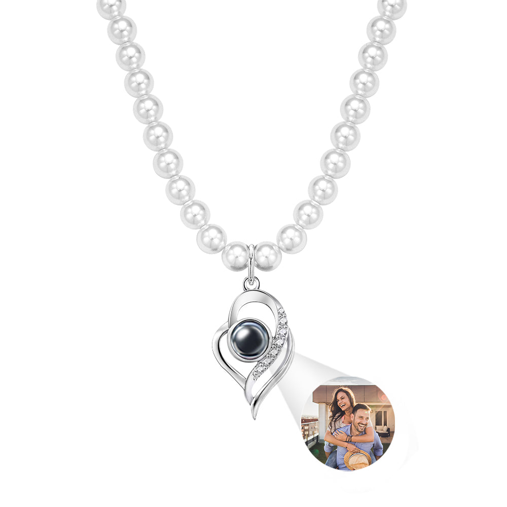 Custom Projection Necklace Double Heart Pearl Gift for Her - soufeeluk