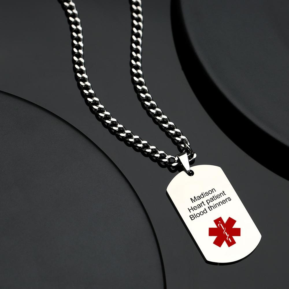 Medical Alert Emergency ID Necklace Men's Tag Necklace with Double Sides Engraving Stainless Steel Personalised Medical Necklace - soufeeluk